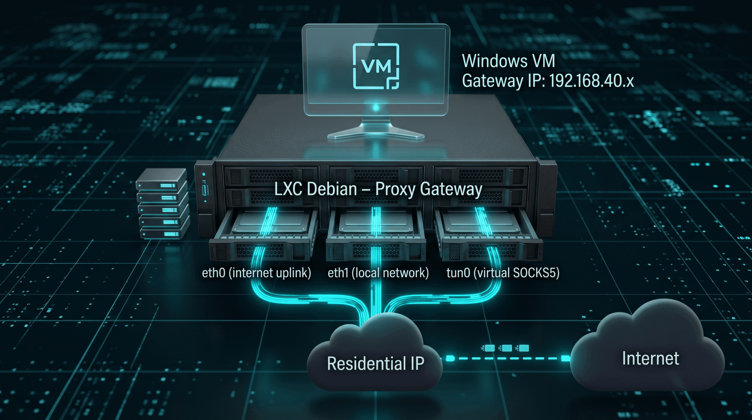 Diagram arsitektur transparent proxy Sing-box di LXC Proxmox dengan routing NAT dan antarmuka TUN