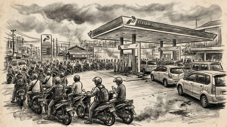 Sketsa hitam putih suasana antrean panjang motor dan mobil yang sedang menunggu giliran mengisi bahan bakar di SPBU