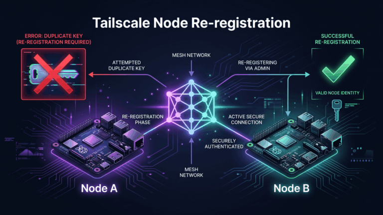 Diagram dua perangkat Armbian yang terhubung sebagai node terpisah di jaringan mesh Tailscale setelah re-registrasi