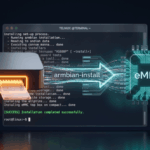 STB HG680P dengan diagram alur instalasi Armbian dari SD card ke eMMC internal menggunakan terminal Linux