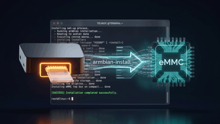 STB HG680P dengan diagram alur instalasi Armbian dari SD card ke eMMC internal menggunakan terminal Linux