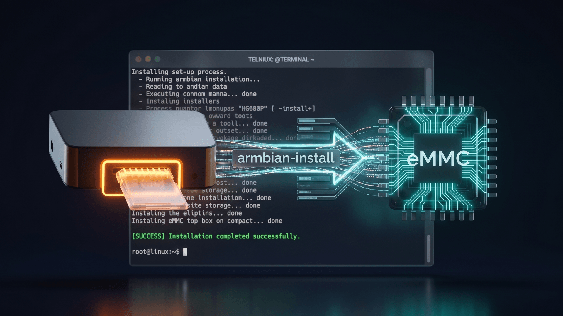 STB HG680P dengan diagram alur instalasi Armbian dari SD card ke eMMC internal menggunakan terminal Linux