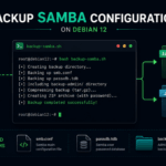 Ilustrasi proses backup konfigurasi Samba di Debian 12 menggunakan shell script dengan output arsip tar.gz terenkripsi