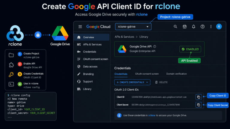 Ilustrasi tangkapan layar antarmuka Google Cloud Console saat membuat OAuth Client ID untuk integrasi rclone dengan Google Drive