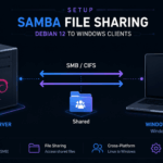 Diagram koneksi file sharing antara server Debian 12 dengan Samba dan client Windows melalui protokol SMB