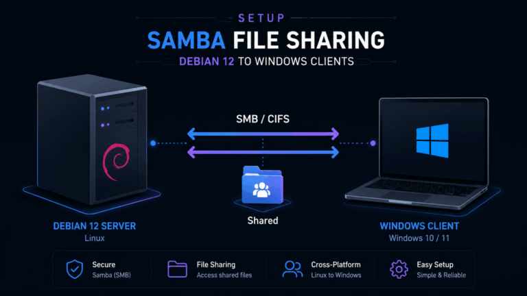Diagram koneksi file sharing antara server Debian 12 dengan Samba dan client Windows melalui protokol SMB