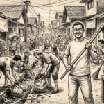 Sketsa hitam putih warga bergotong royong membersihkan gang di pagi hari, dengan seorang pria di barisan depan berpose memegang cangkul sementara warga lain bekerja di belakangnya.