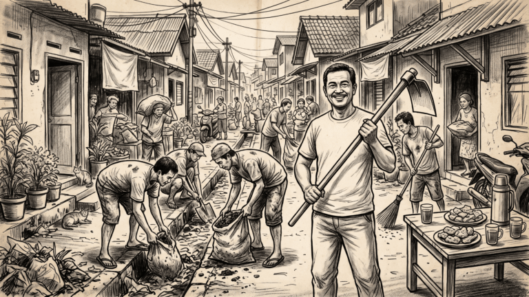 Sketsa hitam putih warga bergotong royong membersihkan gang di pagi hari, dengan seorang pria di barisan depan berpose memegang cangkul sementara warga lain bekerja di belakangnya.