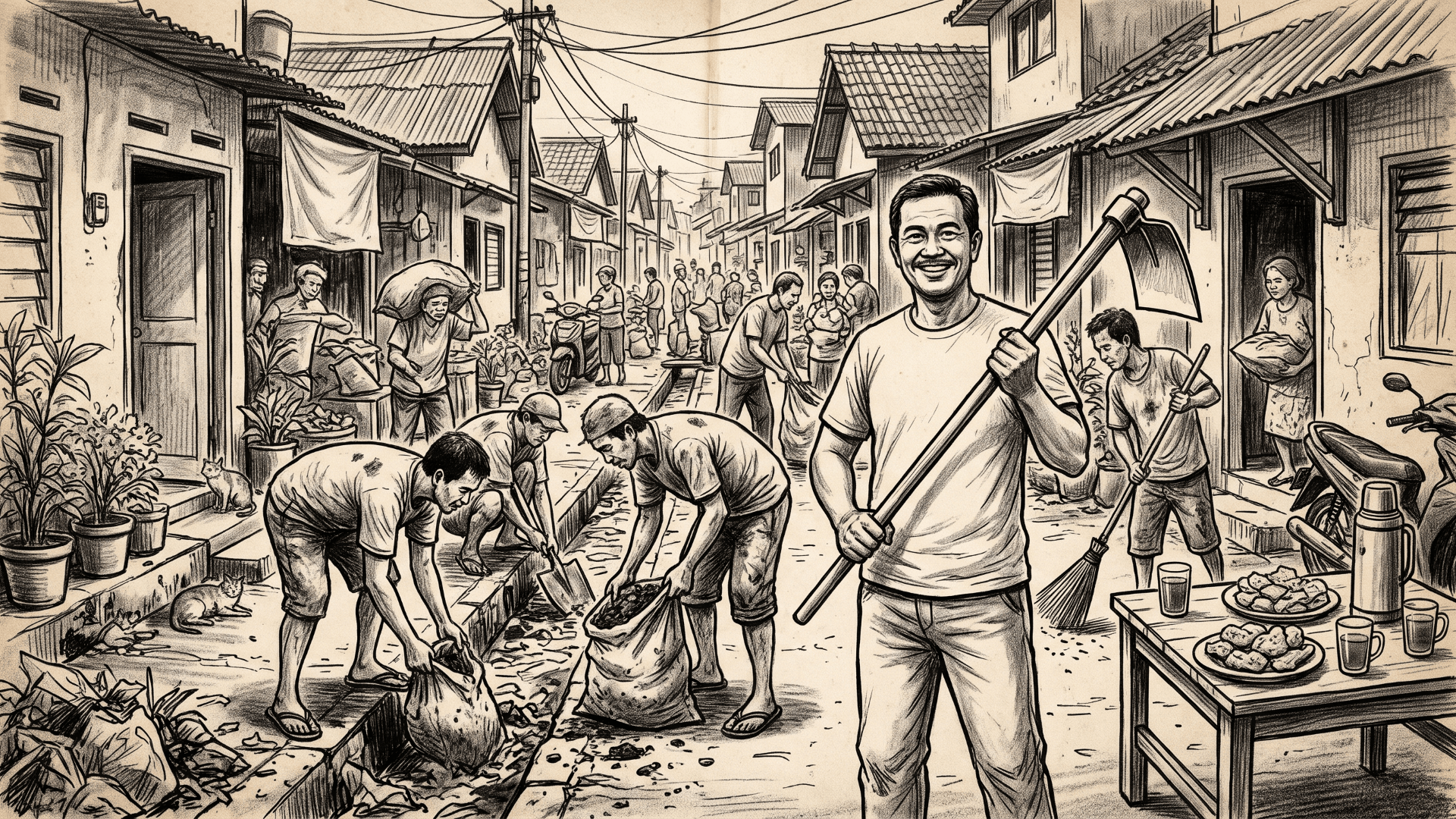 Sketsa hitam putih warga bergotong royong membersihkan gang di pagi hari, dengan seorang pria di barisan depan berpose memegang cangkul sementara warga lain bekerja di belakangnya.